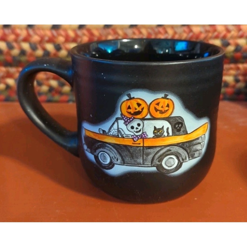 Cobwebs & Cauldrons Halloween Mug Car With Skeleton Pumpkins & Cat Black